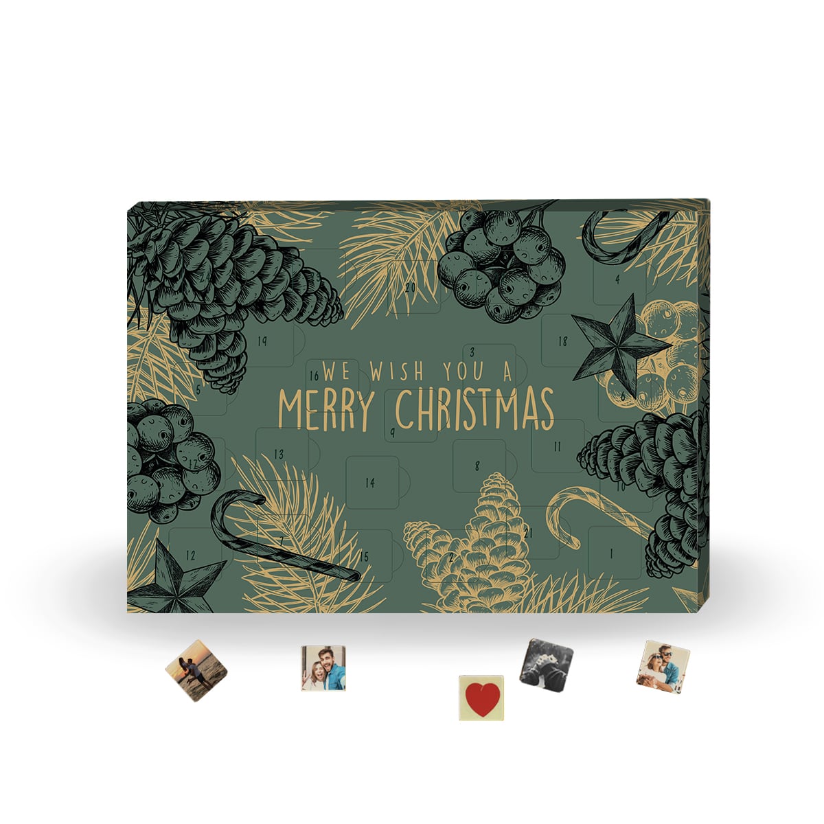Adventskalender Finn – 24 Vakjes | Gevuld met melkchocolade | Gepersonaliseerd | FSC-gecertificeerd