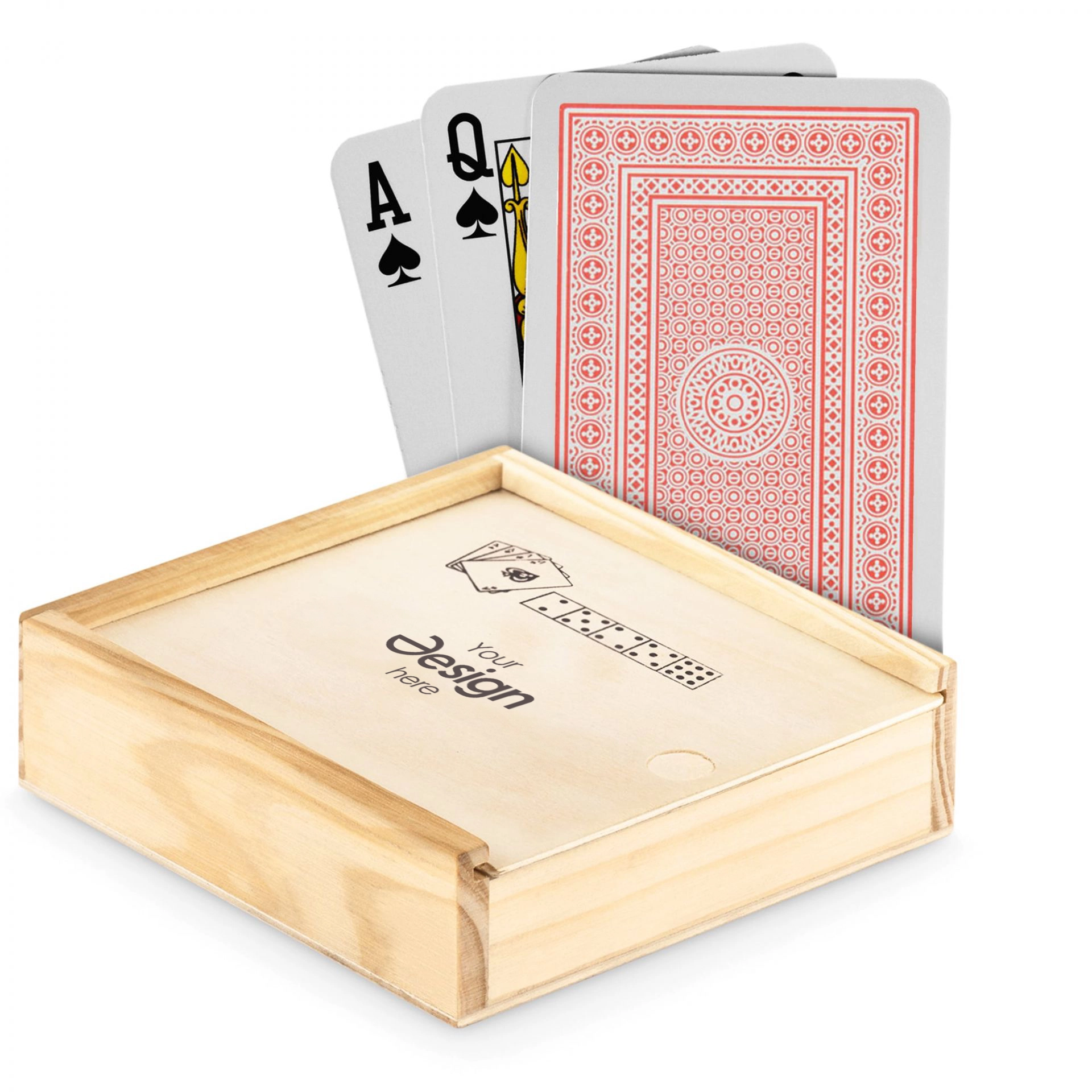 Speelkaarten Niek - Houten doos | Opdruk houten doos | Met 5 dobbelstenen