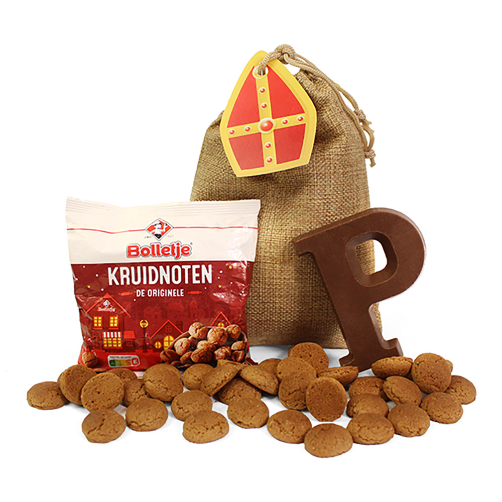 Jute geschenkzak Poco – 90 g | Bolletje kruidnoten | Chocoladeletter | Gepersonaliseerde tag