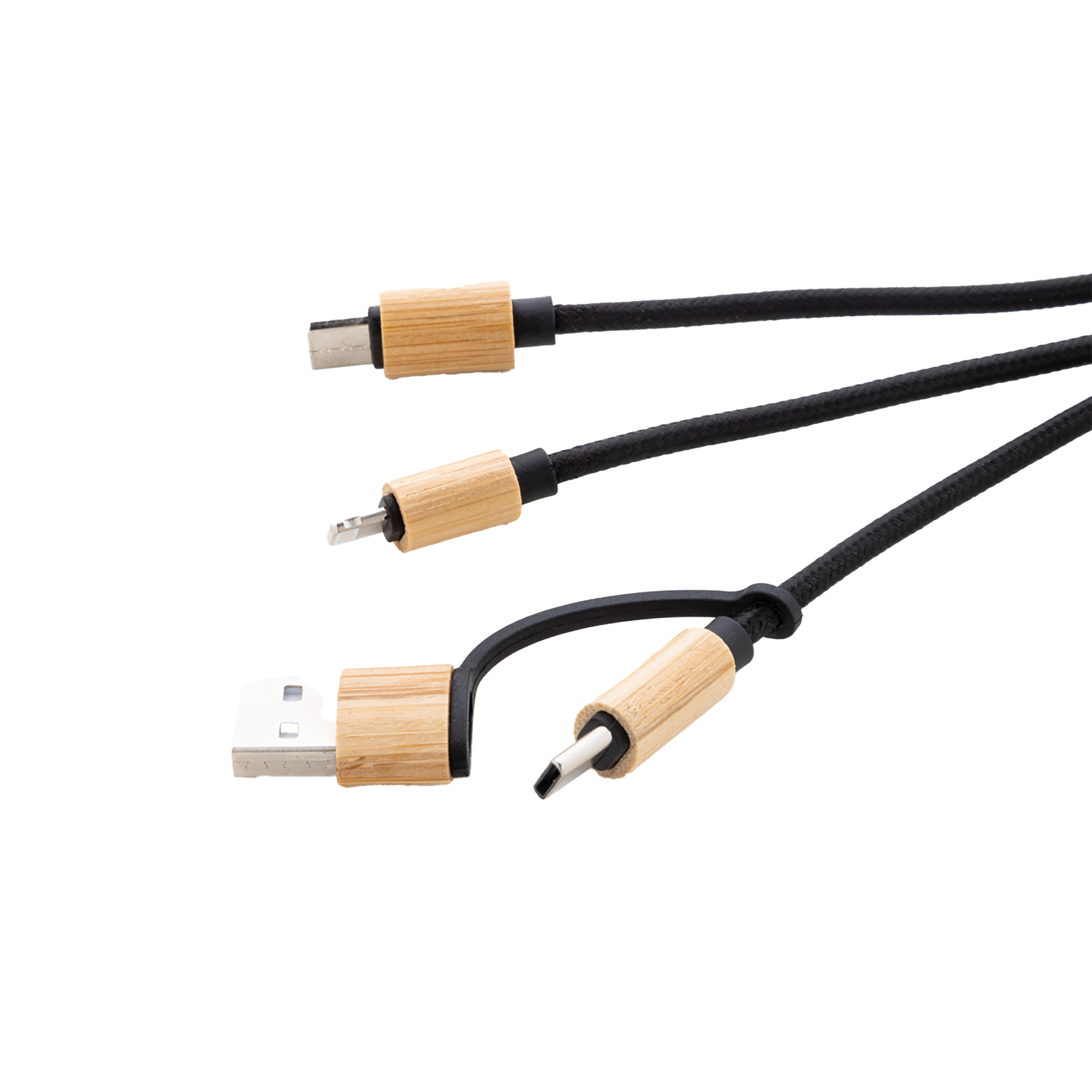 Mini USB-oplaadkabel – RPET & bamboe | 3-in-1 connectors | Met sleutelhanger
