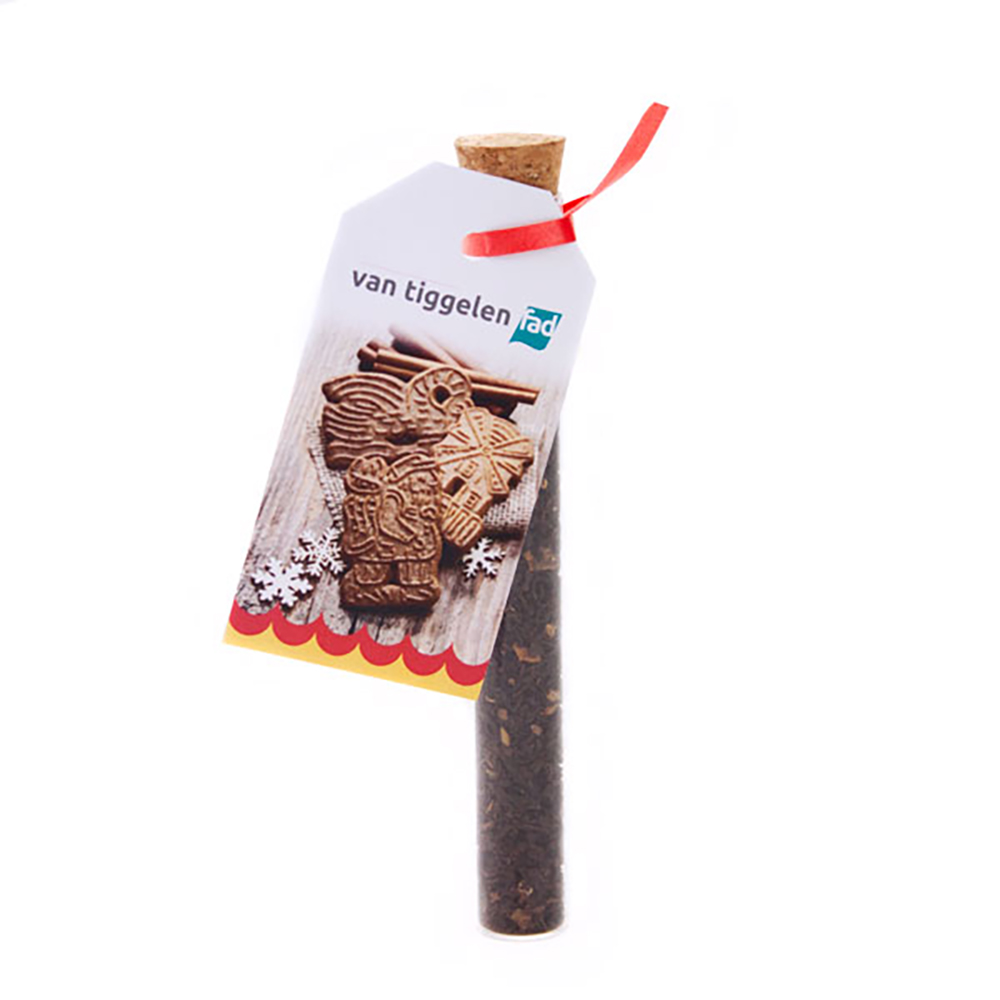 SpecuKlaas Thee – 8 kopjes | Glazen buisje | Met kurk | Personaliseerbare tag