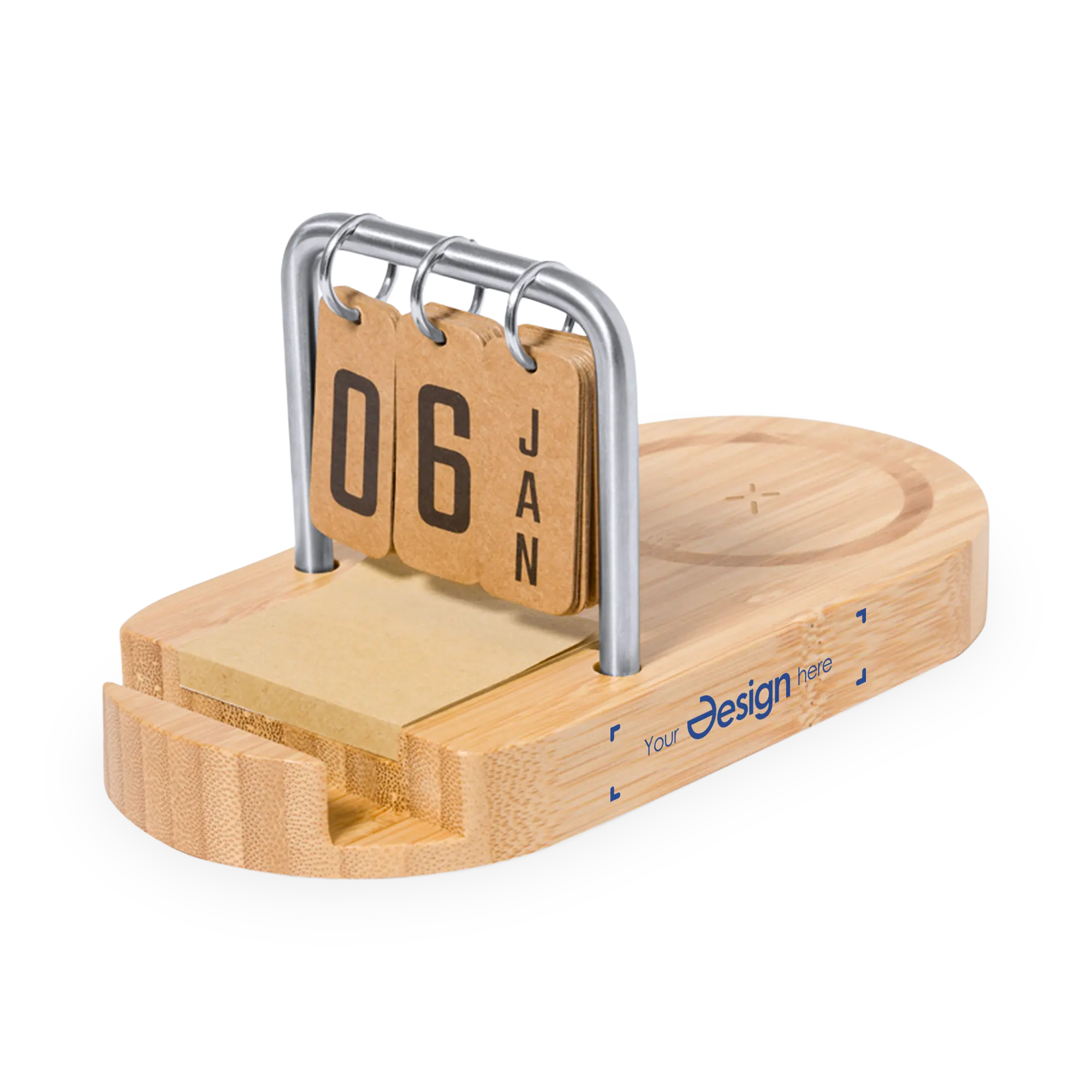 Oplader Leonie – 15W draadloos | Bamboe | Kalender | Smartphonehouder | USB/Type C